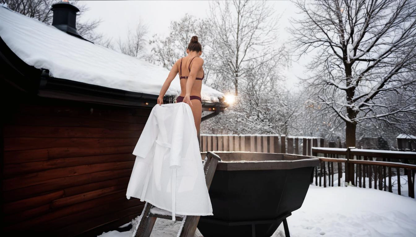 Un spa extérieur entouré de neige, parfait pour une détente en hiver.