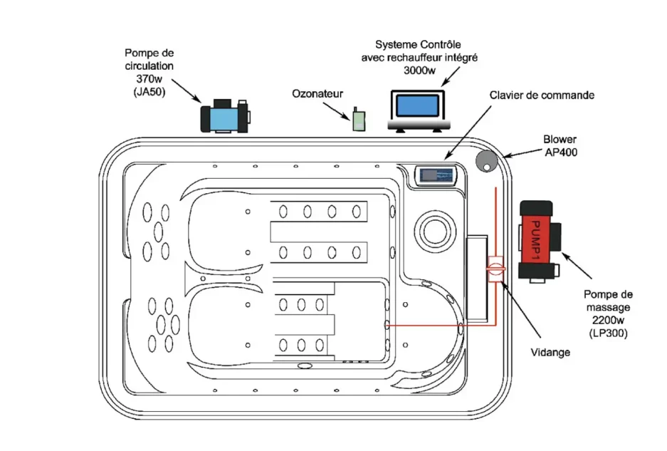 Plan technique du Spa Roma 3 places avec dimensions et configuration